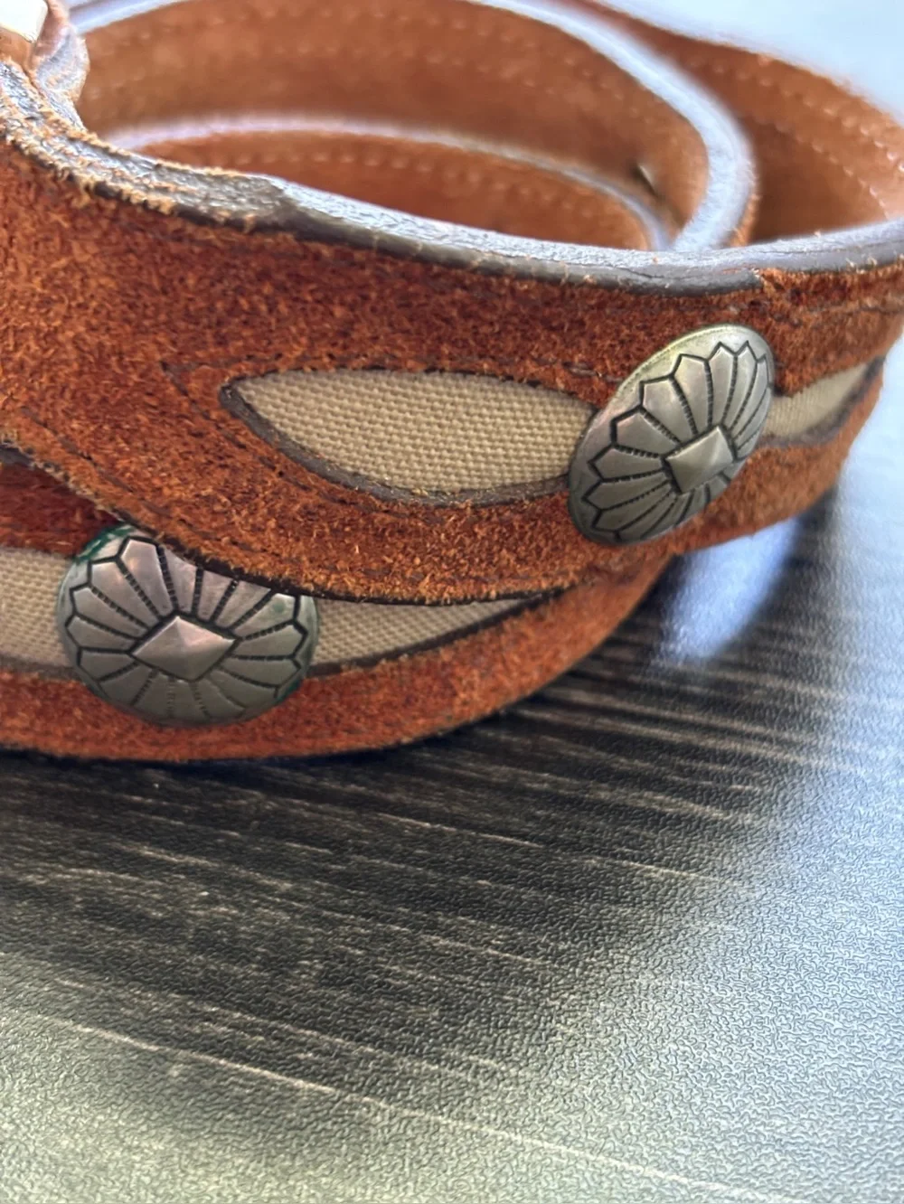 Nocona Brown Suede Canvas Inlay Concho Belt with Silver-Tone Buckle Small SKU 5